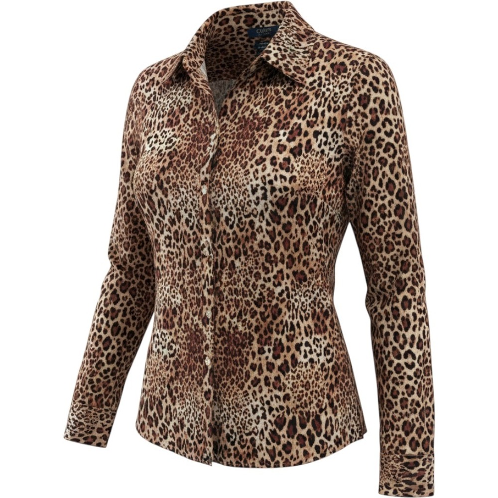 Chaps Women Leopard Print No Iron Button Down Shirt Long Sleeve Cotton Brown M